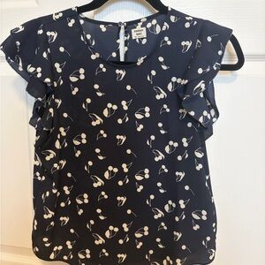 Sunday Best Navy Blouse with White Cherry Print and Flutter Sleeves